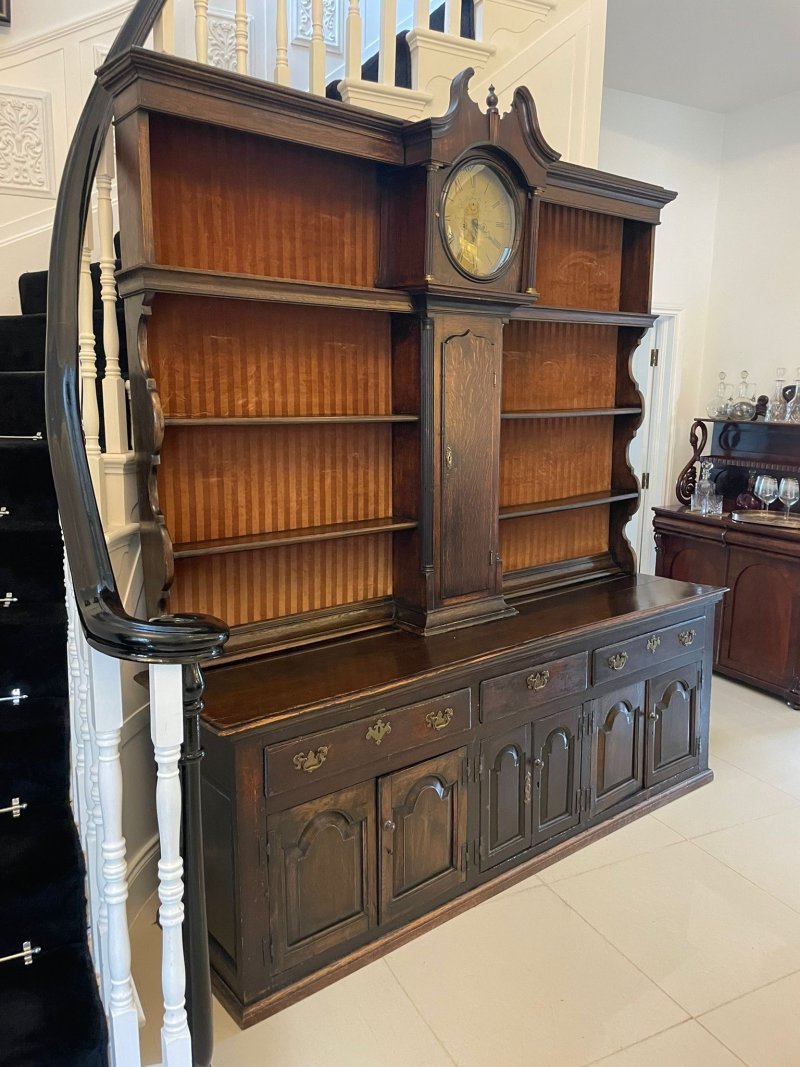 Rare 18th Century Large Antique George III Quality Oak Dresser with Rack and Longcase Clock - Image 8
